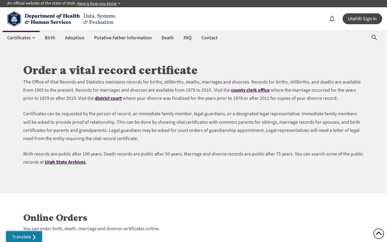 Layton public records eligibility and ordering for Utah vital certificates