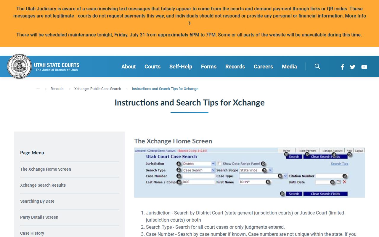 Layton public records Xchange party-name search fields and results